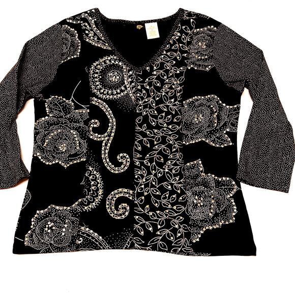 Bila Blouse V Neck Size XL Sequin Bling Floral Blackest Black - Picture 1 of 16